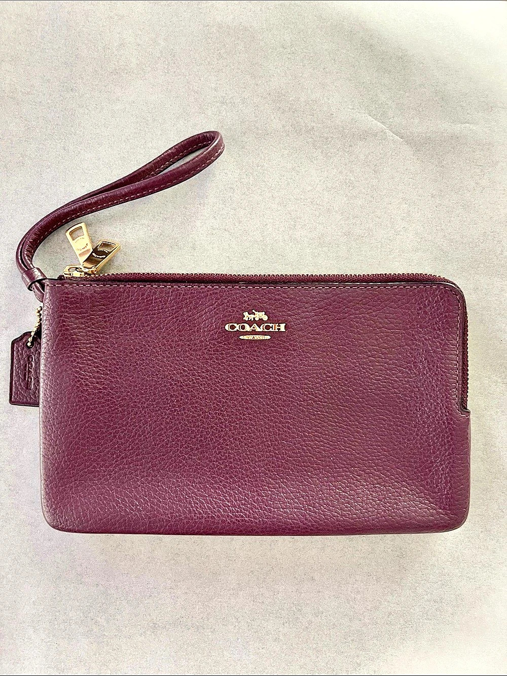 Coach Double Zip Wallet in Polished Pebble Leather Wristlet in Purple